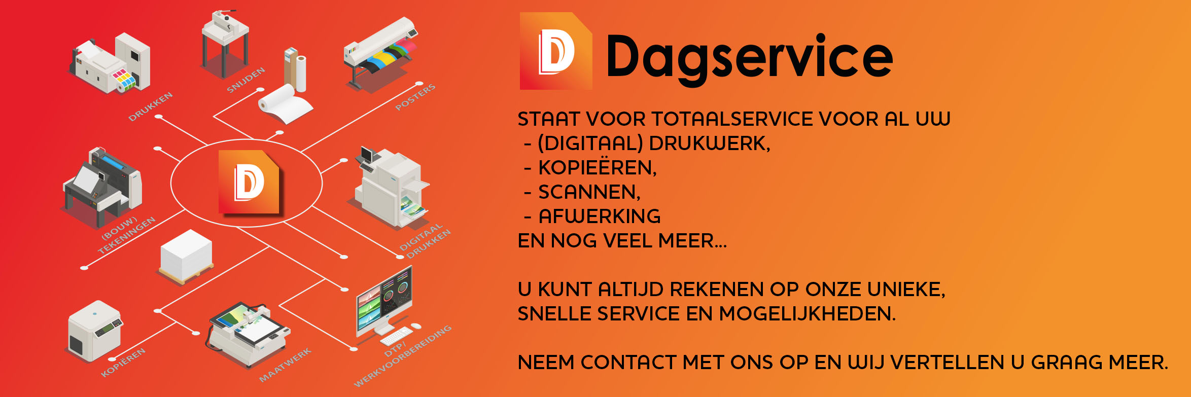 Dagservice staat voor totaalservice voor al uw (digitaal) drukwerk, kopieren, scannen, afwerking en nog veel meer.